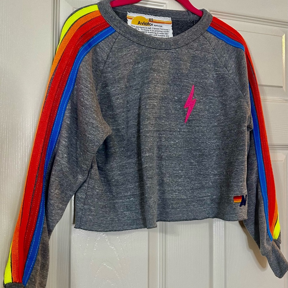 Aviator Nation Gray Crop Top with Rainbow Stripes